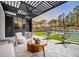 Relaxing backyard oasis with a covered patio, pool, and artificial turf at 16106 Pendio Dr, Bella Collina, FL 34756