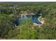 Aerial shot of community's natural spring and swimming area surrounded by trees and nature at 136 Woodmill Rd, Longwood, FL 32779
