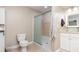 Clean bathroom with walk-in shower, toilet and vanity at 109 Wynot Way, Deland, FL 32724