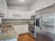Modern kitchen with white cabinets, granite countertops, and stainless steel appliances at 5405 Justine Way, Winter Park, FL 32792