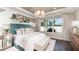 Main bedroom with a teal headboard and large windows at 1212 Teal Creek Dr, St Cloud, FL 34769