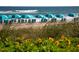 Relaxing beach scene with teal umbrellas, chairs, and yellow flowers at 906 Coral Reef Way, Daytona Beach, FL 32124