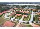 Aerial view of neighborhood highlighting the home's location near a lake and community at 10215 Yonaomi Cir, Clermont, FL 34711