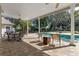 Extended covered patio perfect for outdoor dining and relaxation beside the sparkling pool at 9501 Hempel Cove Blvd, Windermere, FL 34786
