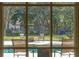 Through the window view of a fenced backyard with a pristine pool and comfortable seating at 9501 Hempel Cove Blvd, Windermere, FL 34786