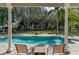 Inviting backyard with a sparkling pool, mature landscaping, and a covered patio with comfortable lounge chairs at 9501 Hempel Cove Blvd, Windermere, FL 34786