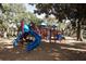 Modern playground with blue and red climbing equipment at 7007 Seminole Dr, Belle Isle, FL 32812