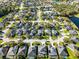 High angle view showcases a tranquil residential street with well-maintained homes, lush greenery and swimming pools at 3063 Juneberry Ter, Oviedo, FL 32766