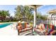 Relaxing patio with colorful striped couches and a view of the pool at 16036 River Pointe Ct, Orlando, FL 32828