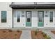 Modern townhome featuring light gray siding, green doors, and attractive landscaping at 6581 Quest St, St Cloud, FL 34771