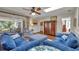 Comfortable living room with blue sofas, patterned armchairs, skylight, and hardwood floors at 4130 Floralwood Ct, Orlando, FL 32812