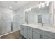 Modern bathroom with gray double vanity and walk-in shower at 1707 Merthie Dr, Sanford, FL 32771
