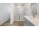 Modern bathroom with gray vanity and walk-in shower at 1707 Merthie Dr, Sanford, FL 32771