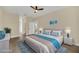 Virtually staged bedroom with a beige headboard and blue accents at 14 Fisher Loop Pass, Ocklawaha, FL 32179