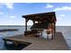 View of boat under a covered dock on calm water with blue skies and sparse clouds at 2250 W County Road 44, Eustis, FL 32726