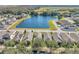 Aerial view of community lake and homes with solar panels at 2300 Grasmere View S Pkwy, Kissimmee, FL 34746