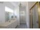 Bright bathroom with double vanity, a large mirror, and a separate shower stall at 34122 Park Ln, Leesburg, FL 34788