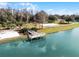 Scenic aerial view of a lake with a pier, sandy beach, playground, and lush green surroundings at 1068 Park Ridge Cir, Kissimmee, FL 34746