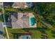 Birds eye view of a home's unique pool, lush landscaping, and proximity to well-maintained lawns and neighboring houses at 10219 Atwater Bay Dr, Winter Garden, FL 34787