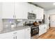 Close up of the kitchen with granite countertops, white cabinetry, and stainless steel appliances at 494 Amadoras Way, St Cloud, FL 34771