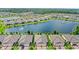 Stunning aerial view of a lakeside community showcases well-maintained homes, scenic water features, and lush greenery at 17597 Summersweet Way, Clermont, FL 34714