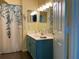 Bathroom with teal vanity, updated fixtures, and leafy shower curtain at 4560 Yellowgold E Rd # 108, Kissimmee, FL 34746