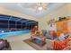 Relaxing pool area with covered patio, lounge chairs, and colorful pillows at 5504 Hamlin Close Rd, Davenport, FL 33896
