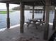 Community dock featuring a picnic table and shelter, perfect for lakeside dining and enjoying waterfront views at 11618 Grand Bay Blvd, Clermont, FL 34711