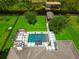 Aerial view of the pool and surrounding green lawn, showcasing an expansive outdoor area with a dock at 10416 Pocket Ln, Orlando, FL 32836