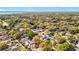 Aerial view of a neighborhood with mature trees and a distant lake at 511 Coventry Ct, Mount Dora, FL 32757