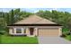 Tan house with brown roof, two car garage, and landscaping at 4450 Sagefield Dr, Harmony, FL 34773