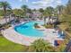 An aerial shot of the community pool featuring lounge chairs, umbrellas, and lush landscaping at 782 Grand Hilltop Dr, Apopka, FL 32703
