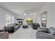 Cozy living room with a stone fireplace, modern ceiling fan, and leather seating at 2432 4Th St, Orlando, FL 32820