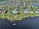 Aerial view of lakefront community showing pool, sports courts, pier and residential neighborhood at 1101 Maidenmoor Rd, Winter Garden, FL 34787