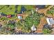 Aerial view of a charming home with green roof, lakeside deck and gazebo surrounded by green foliage at 15040 Ne 248Th Avenue Rd, Fort Mc Coy, FL 32134
