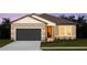 One-story home with gray siding, dark gray garage door, and landscaping at 1609 Hill Park Dr, Deltona, FL 32725