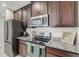 Modern kitchen features dark cabinetry, granite countertops, and stainless steel appliances at 828 Scrub Oak Hammock Rd, Davenport, FL 33837