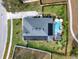 Top-down view of a house with a pool and solar panels on the roof at 2583 Grassmoor Loop, Apopka, FL 32712