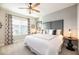 Cozy bedroom with a stylish headboard, soft lighting, and a comfortable bed at 7925 Putting Green Way, Reunion, FL 34747
