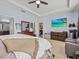 A large main bedroom with a TV, dresser, en-suite bathroom, and tray ceiling at 1882 Rustic Falls Dr, Kissimmee, FL 34744