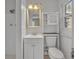 Bright bathroom with a white vanity, a decorative mirror, and a shower at 3309 Drake Dr, Orlando, FL 32810