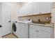 A laundry room with white cabinets, a granite countertop, a sink and a new washer and dryer at 3608 Mount Hope Loop, Leesburg, FL 34748