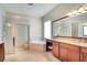Spa-like bathroom with a soaking tub, walk-in shower, and granite vanity at 10680 Royal Cypress Way, Orlando, FL 32836