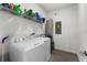 Bright laundry room with washer, dryer, and shelving for storage at 2559 Relaxing Ln, Kissimmee, FL 34747