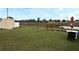 Backyard features grassy lawn, pond view, patio furniture, and shed at 5403 Moxie Blvd, Orlando, FL 32839