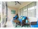 Cozy screened porch with wicker furniture and blue accents at 5999 Lake Pointe # 609, Orlando, FL 32822