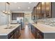 Open kitchen featuring stainless appliances, dark cabinets, quartz counters, and wood-look tile flooring at 15547 Hamlin Blossom Ave, Winter Garden, FL 34787