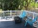 Enjoy the outdoors on this back deck with blue Adirondack chairs, fire pit, and white railings at 9263 Lake Lotta Cir, Gotha, FL 34734
