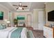 Bright and airy main bedroom features tray ceiling, ceiling fan, and ensuite access at 9058 Sw 89Th Loop, Ocala, FL 34481