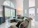 Open living space with view of outdoor patio, vaulted ceilings, and modern furnishings at 8130 Yellow Crane Dr, Kissimmee, FL 34747
